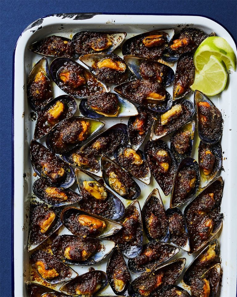 Grilled miso, lime and ginger mussels
