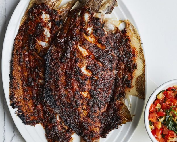 Spicy braai sole with polenta, peppers and spinach