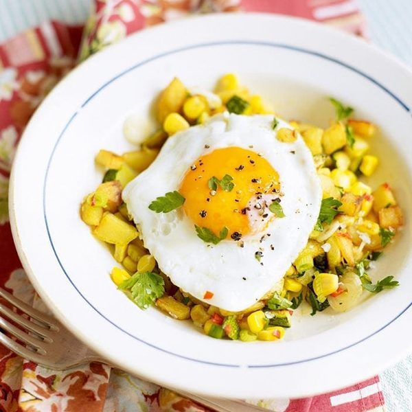 Corn hash with a fried egg