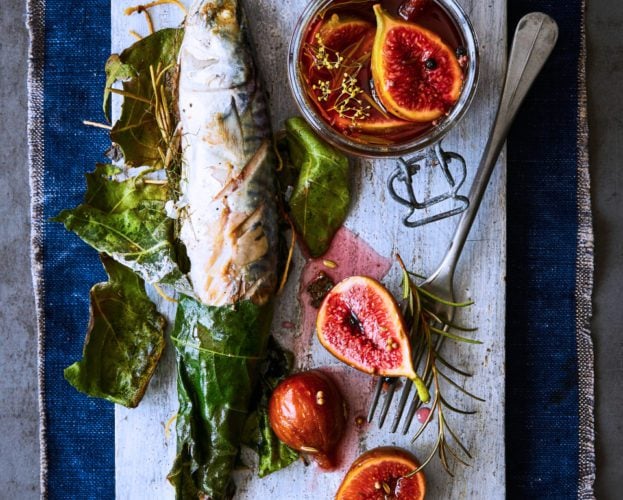 Barbecued mackerel wrapped in fig leaves with pickled figs