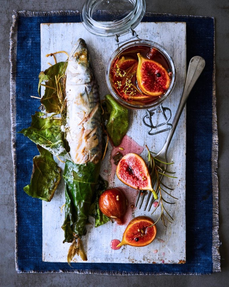 Barbecued mackerel wrapped in fig leaves with pickled figs