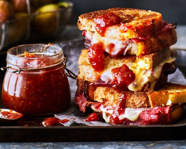 Gruyère and pastrami toasties with chilli fig jam