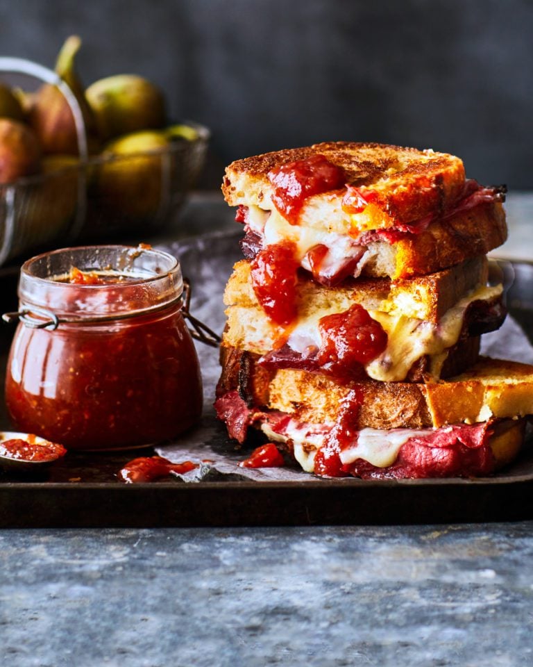 Gruyère and pastrami toasties with chilli fig jam