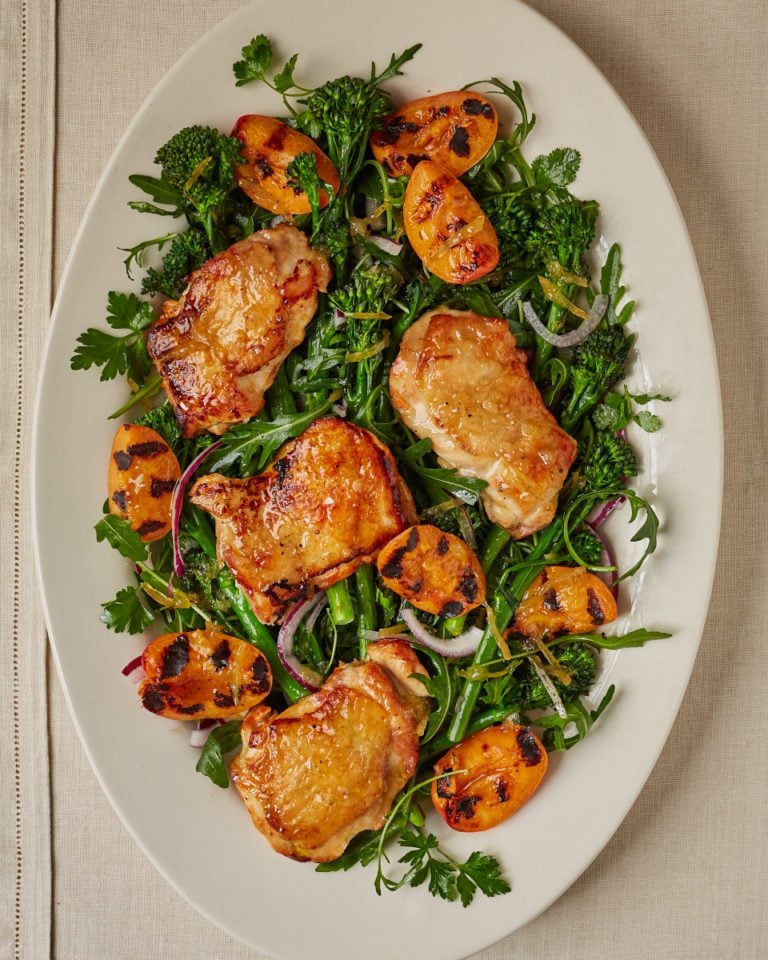 Crispy chicken salad with tenderstem and apricots
