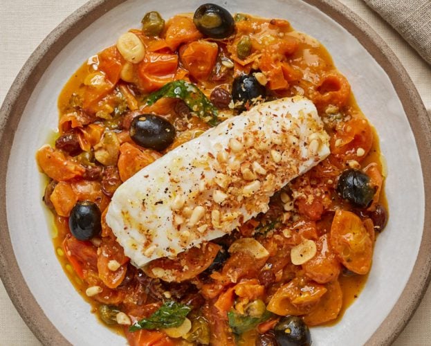 Pine nut cod with puttanesca sauce