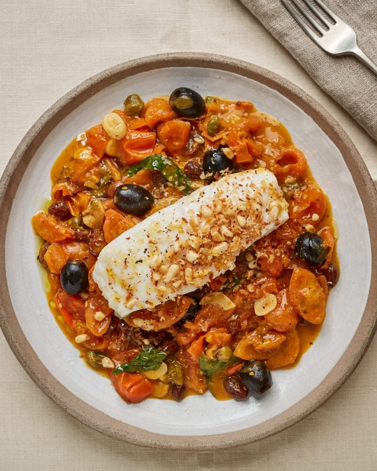 Pine nut cod with puttanesca sauce