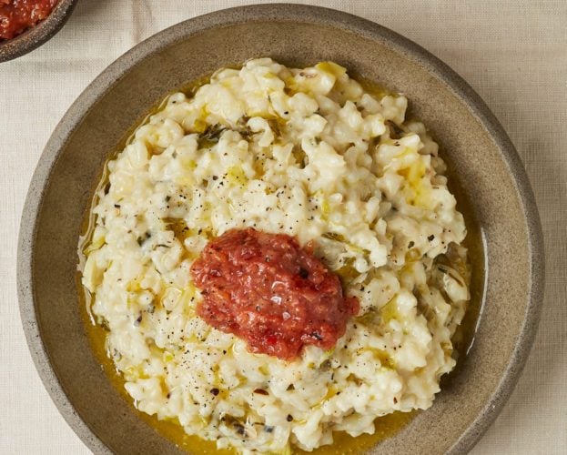 Burnt spring onion risotto with smoky tomato salsa