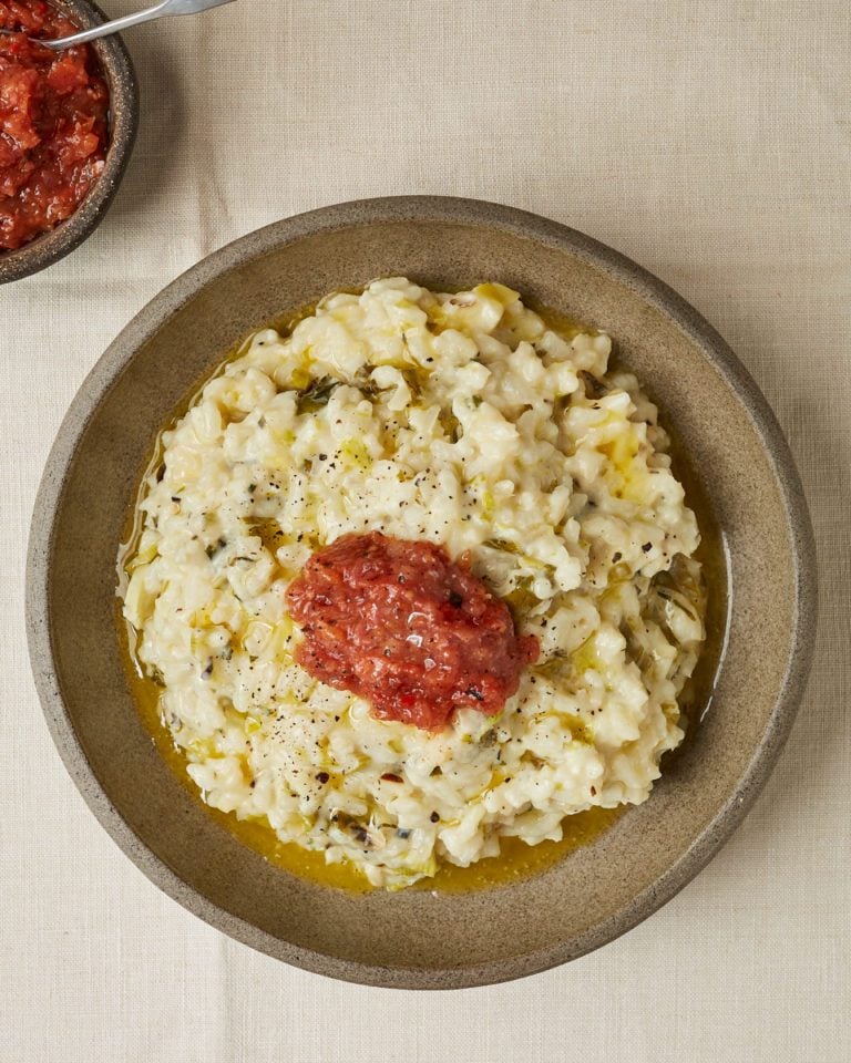 Burnt spring onion risotto with smoky tomato salsa