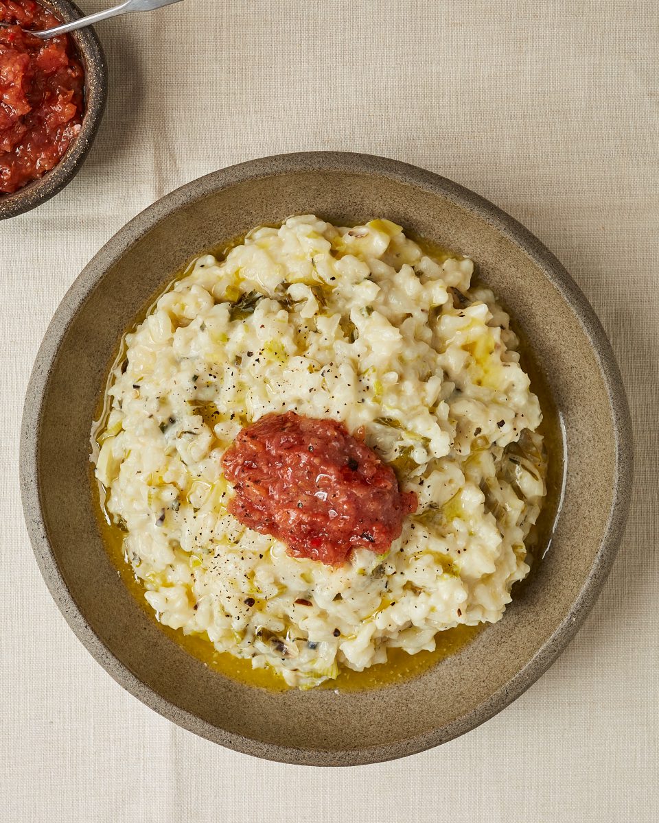 Burnt spring onion risotto with smoky tomato salsa