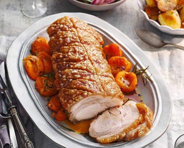 Roast pork loin with lavender honey-glazed apricots