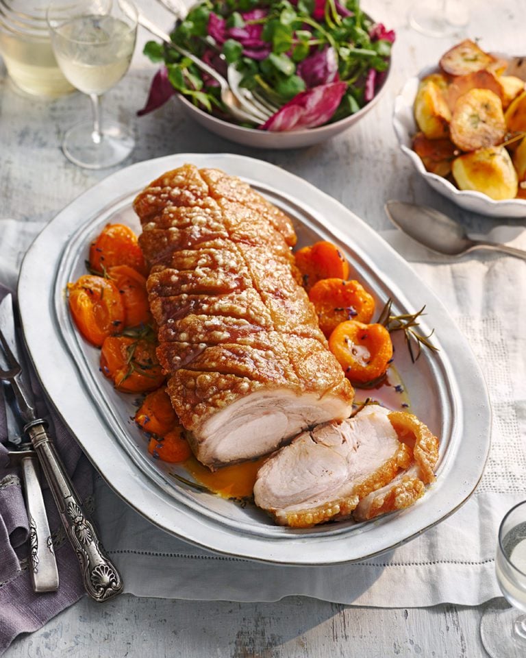 Roast pork loin with lavender honey-glazed apricots