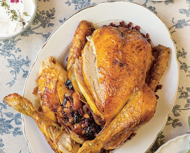 Saffron roast chicken stuffed with dried fruit