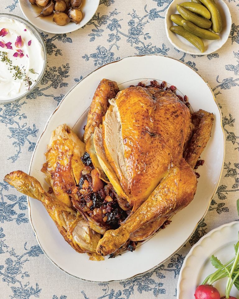 Saffron roast chicken stuffed with dried fruit