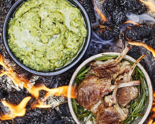 Courgette baba ganoush with lamb cutlets