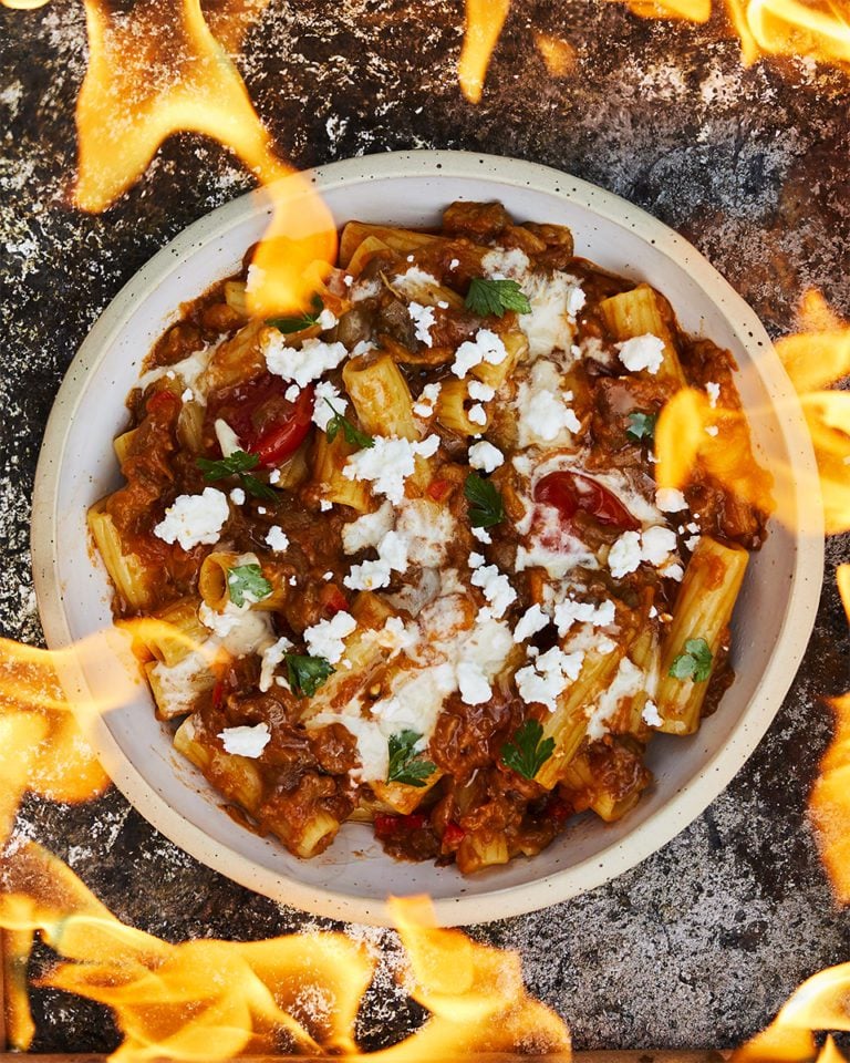 Smoky aubergine and tahini pasta with feta