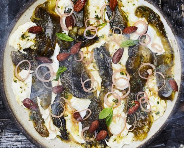 Marinated burnt green peppers with mozzarella and sweet pickled shallots