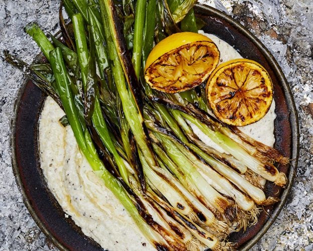 Burnt spring onions with ajo blanco sauce