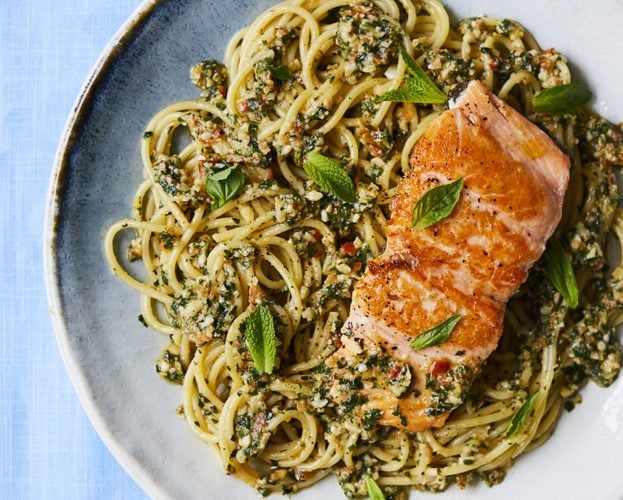 Trapanese pesto pasta with salmon