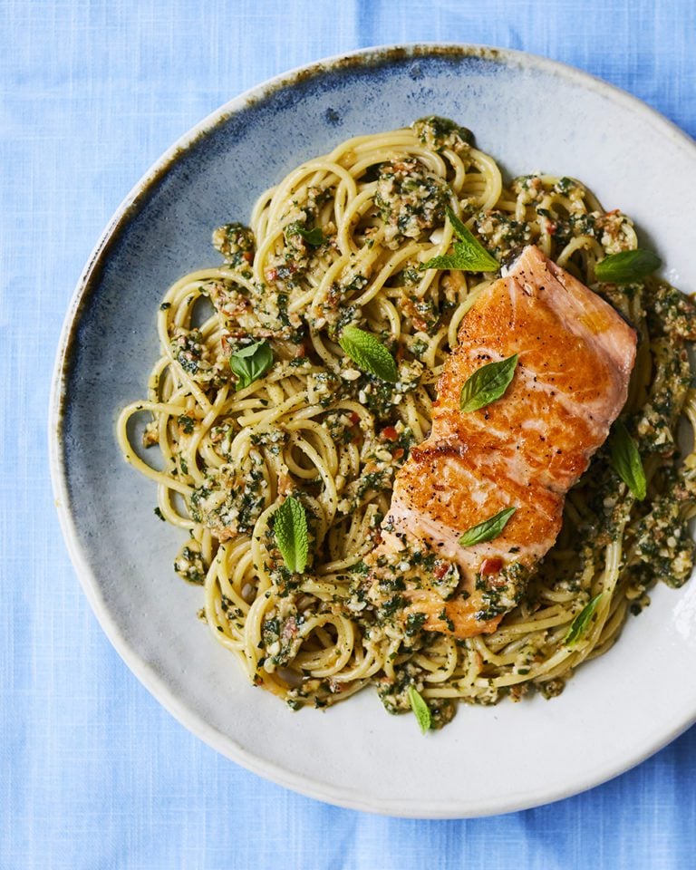 Trapanese pesto pasta with salmon