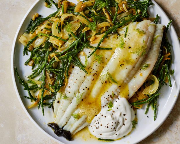 Pan-fried plaice with fennel, samphire and orange