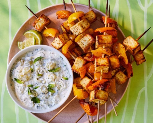 Pepper and paneer skewers with gooseberry raita