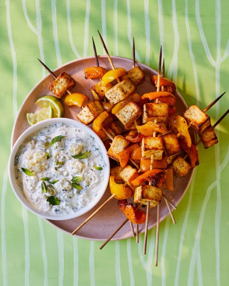 Pepper and paneer skewers with gooseberry raita