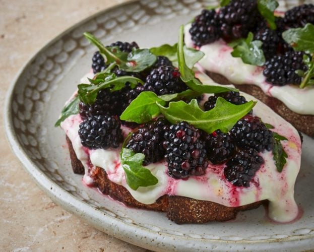 Pickled blackberry and whipped feta tartines
