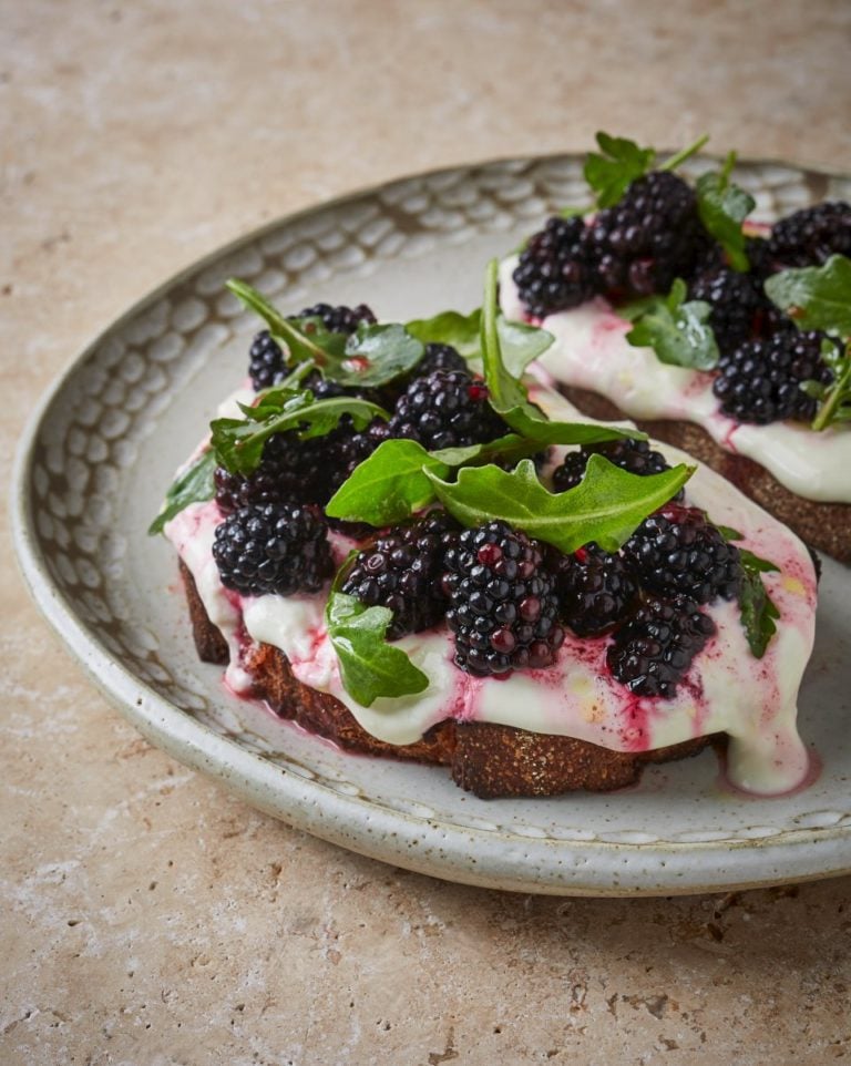 Pickled blackberry and whipped feta tartines