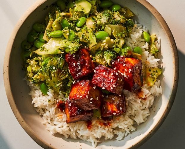 Sriracha tofu with shaved broccoli and edamame salad