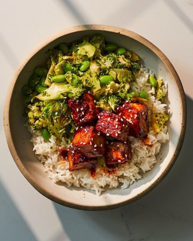 Sriracha tofu with shaved broccoli and edamame salad