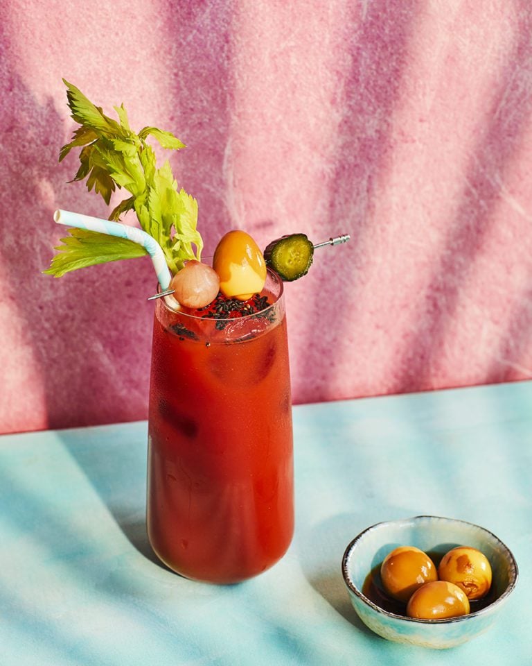 Gochujang bloody mary with a soy-pickled quail egg