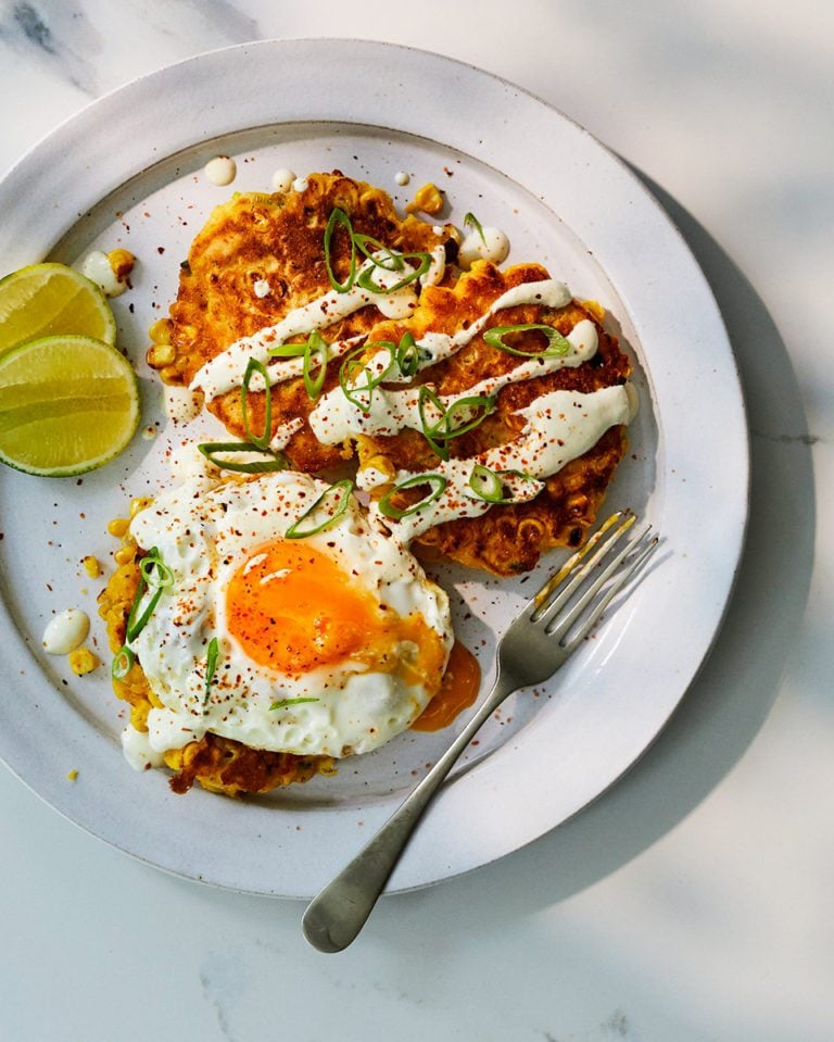Sweetcorn and jalapeño fritters with a fried egg