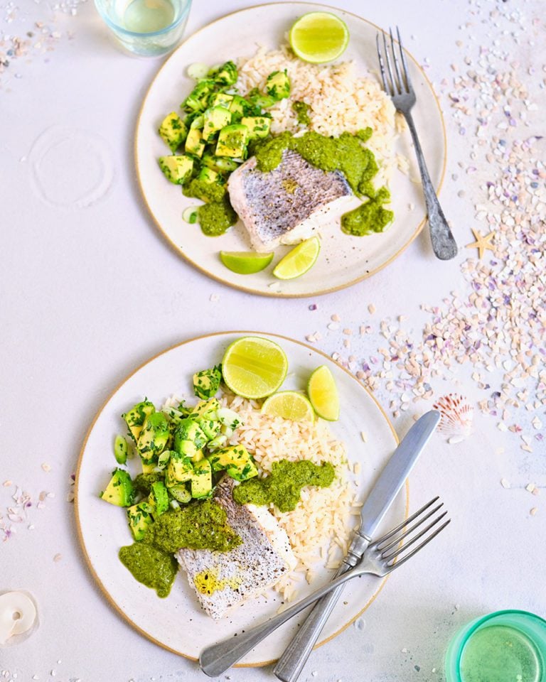 Hake with avocado and mojo verde