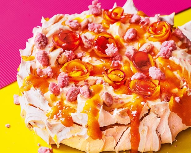 Peach bellini and pink praline pavlova
