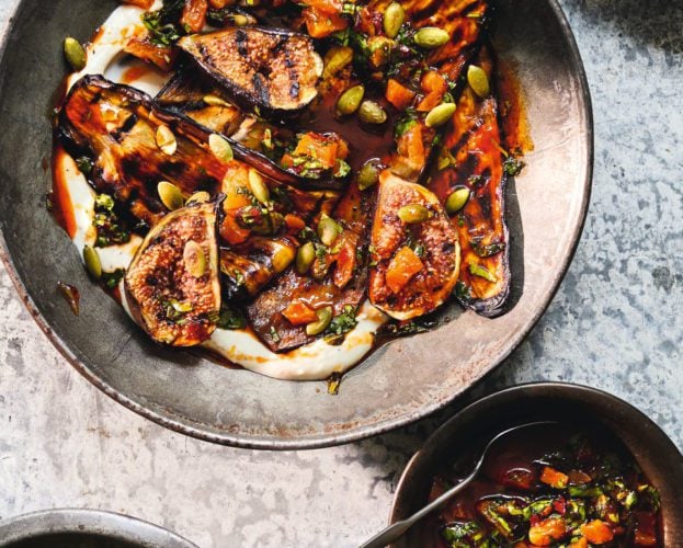 Barbecued aubergine and figs with pickled apricot salsa