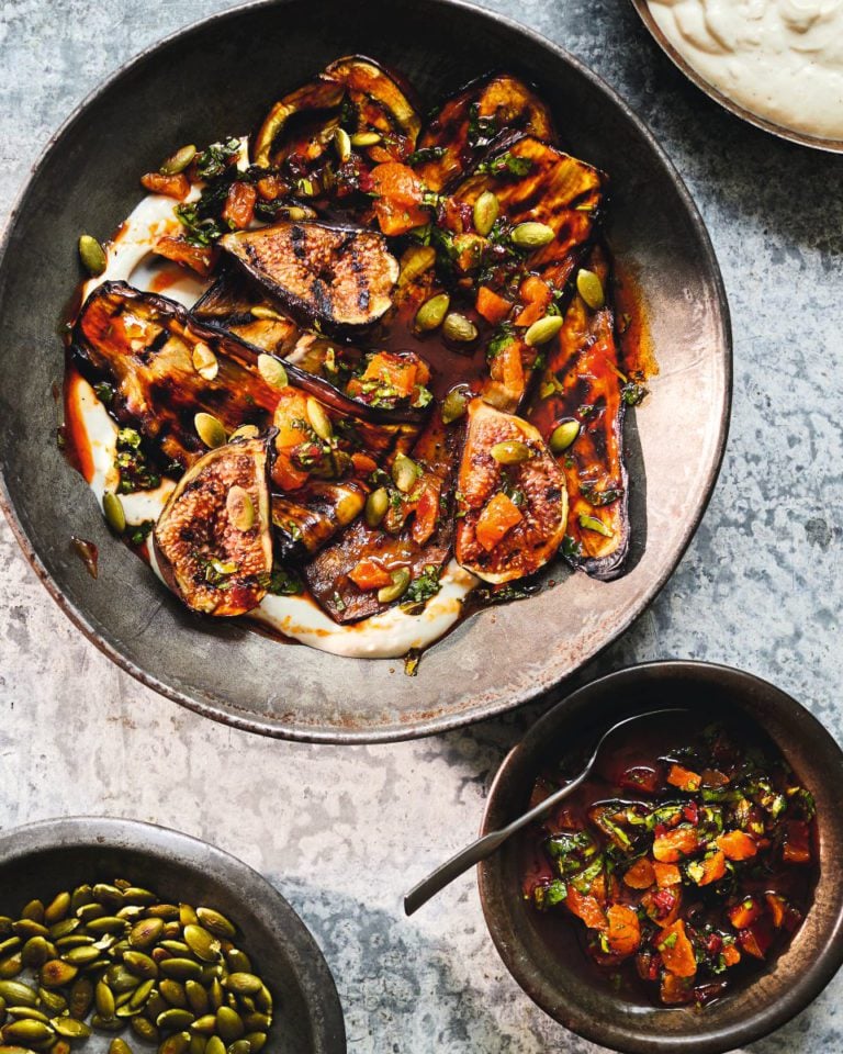 Barbecued aubergine and figs with pickled apricot salsa