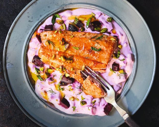 Hot-smoked honey trout with smoky beetroot ’tzatziki’