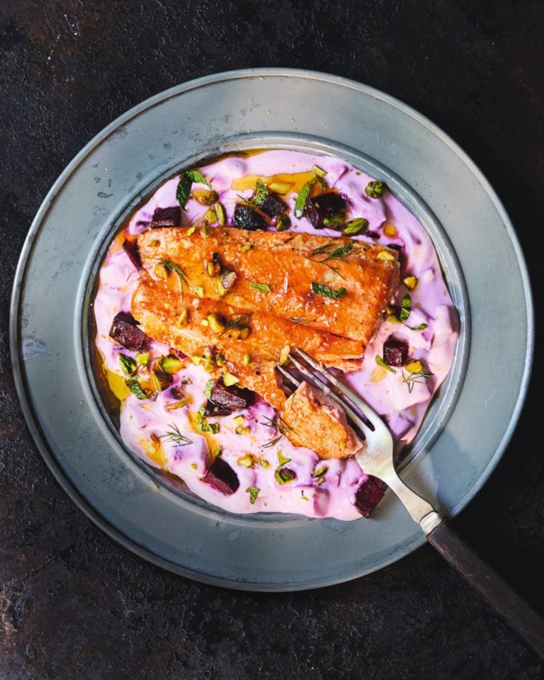 Hot-smoked honey trout with smoky beetroot ’tzatziki’