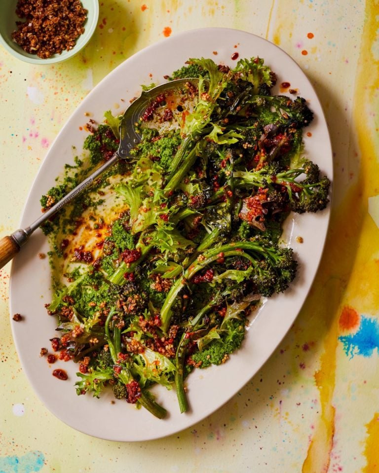 Charred purple sprouting broccoli with ‘nduja, kale pesto and crackling crumb