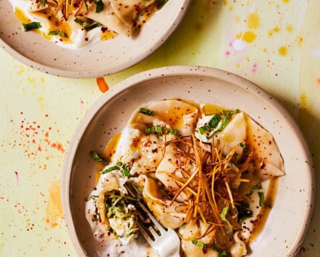 Courgette, feta and mint dumplings with brown butter