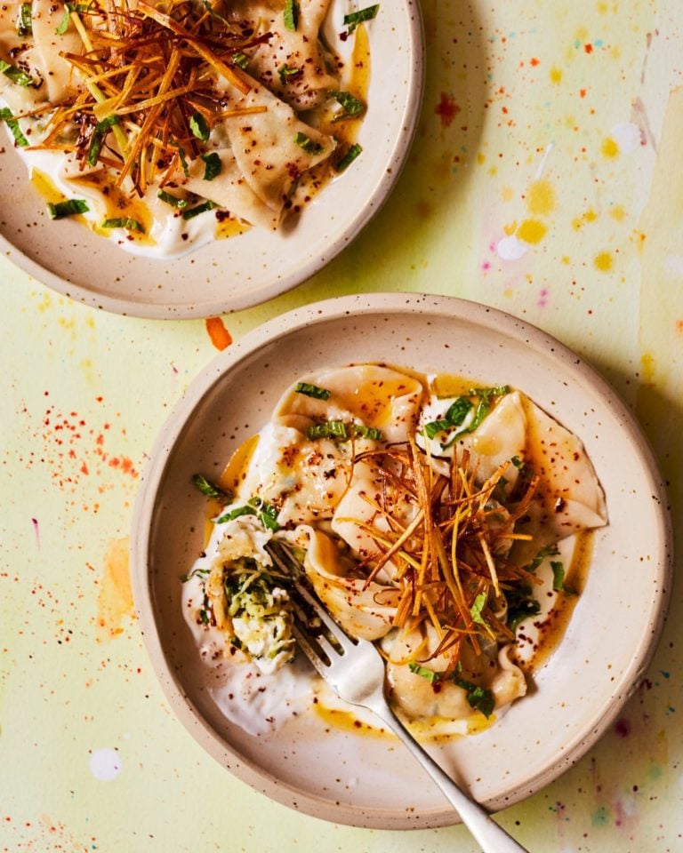 Courgette, feta and mint dumplings with brown butter
