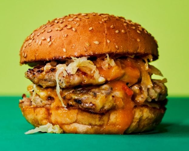 Pork smash burger with cheddar and sauerkraut