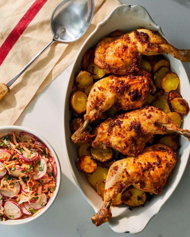 Lemon, ginger and coriander chicken with potatoes and slaw