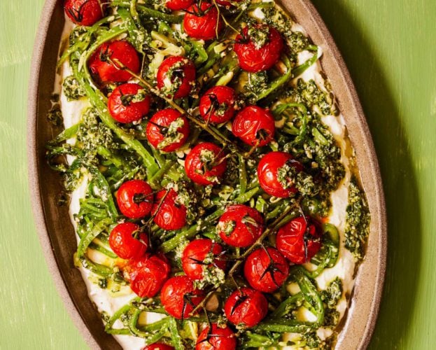 Runner beans with pesto, roast cherry tomatoes and lemon ricotta