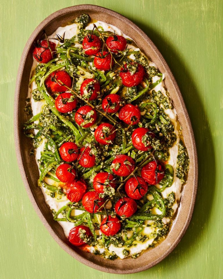 Runner beans with pesto, roast cherry tomatoes and lemon ricotta