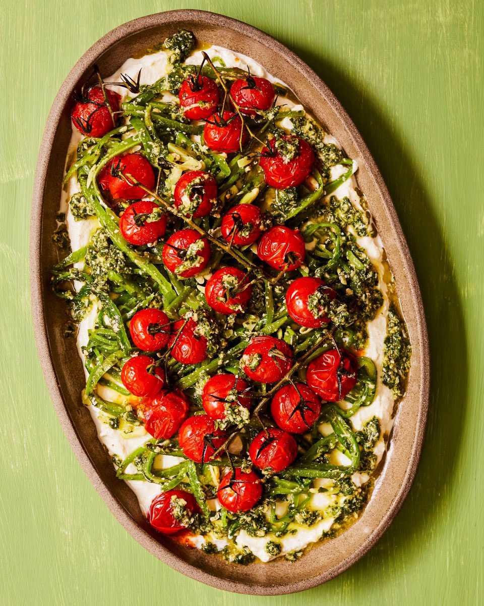 image of Runner Beans With Pesto, Roast Cherry Tomatoes and Lemon Ricotta recipe by Delicious Magazine