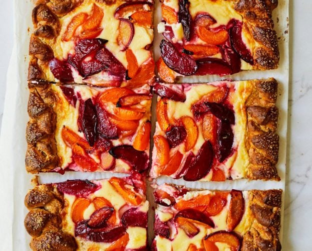 Plum and apricot brioche tart with crème fraîche custard