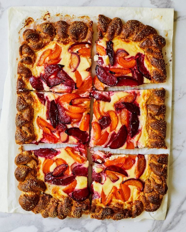 Plum and apricot brioche tart with crème fraîche custard