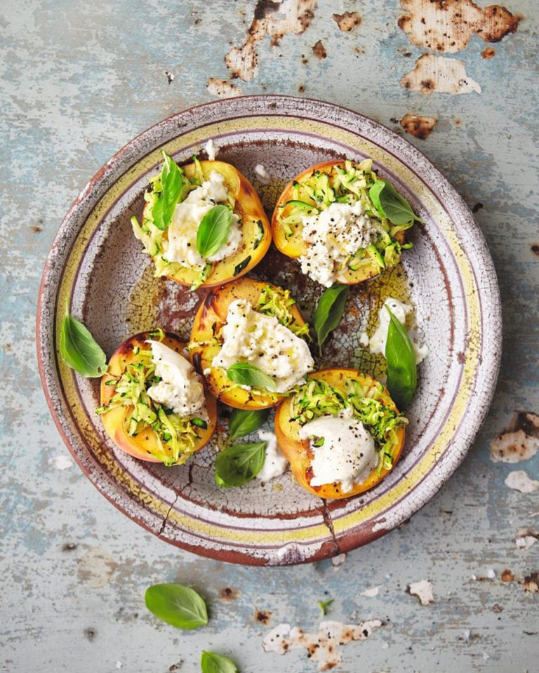 Grilled peaches with burrata, basil and courgette shavings
