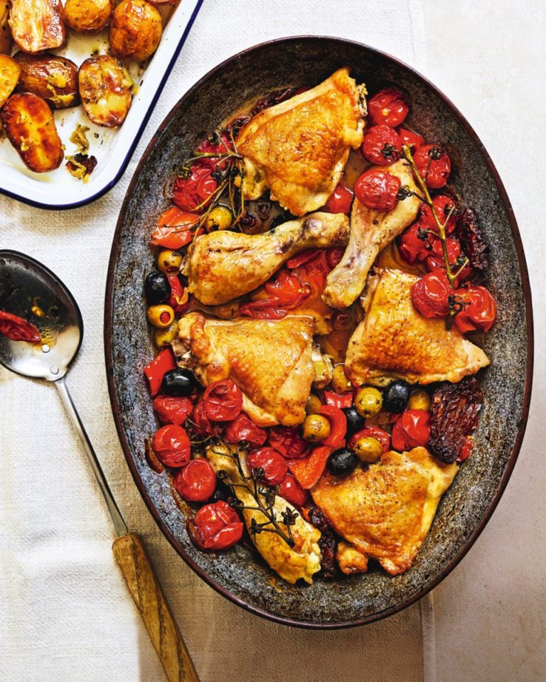 Chicken provençal with sticky garlic potatoes